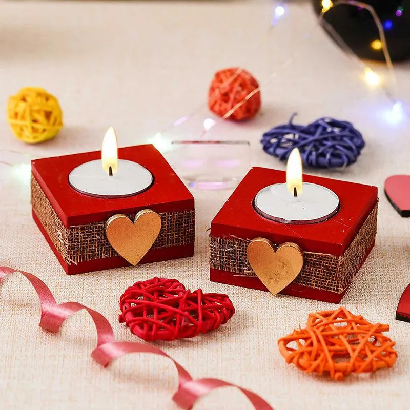 Burning Hearts Wood Tea Light Holder - Set Of Two media 3