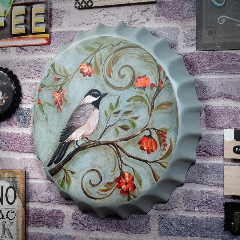 Grey Themed Bird Bottle Cap Metal Wall Accent media 1