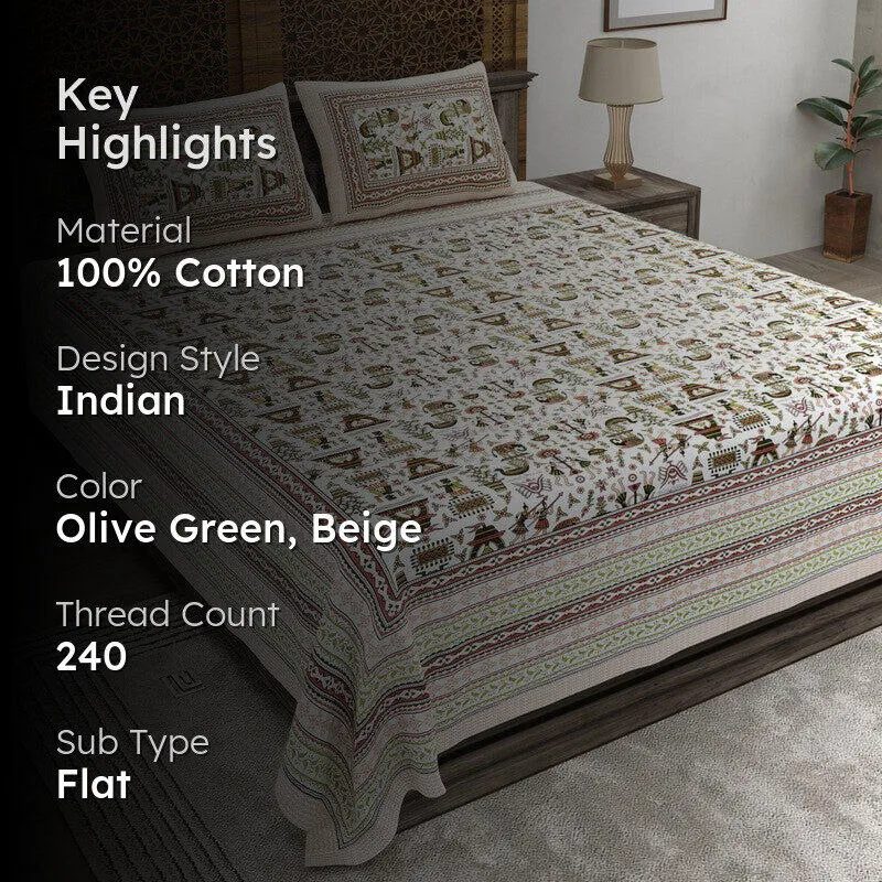Royalus Cotton Bedsheet (Olive Green,Beige) - 240 TC media 2