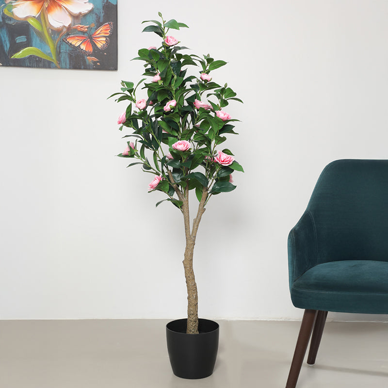 Calmyra Artificial Camellia Plant With Black Plastic Pot - 5 Feet media 5
