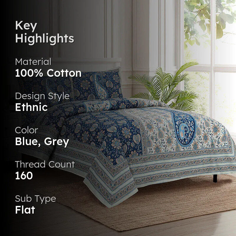 Apreetha Ethnic Cotton Bedsheet (Blue) - 160 TC media 2