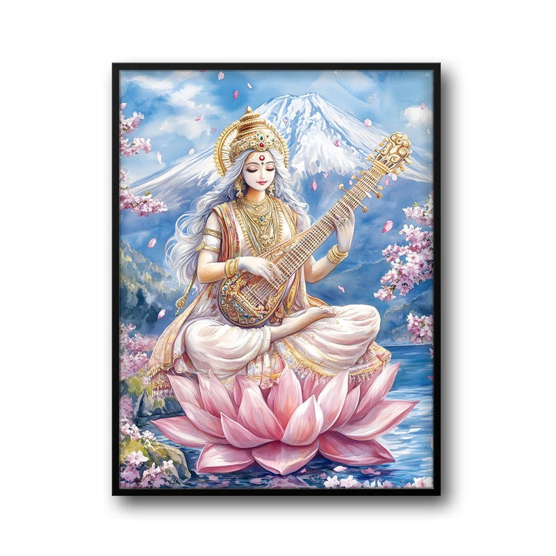 Vidya Dhayini Spiritual Archival Paper Wall Painting With Frame - Black media 5