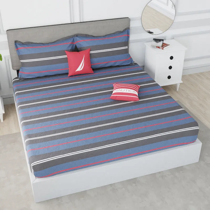 Nautica Stripe Symphony Cotton Bedsheet (Blue & Grey) - 210 TC media 1