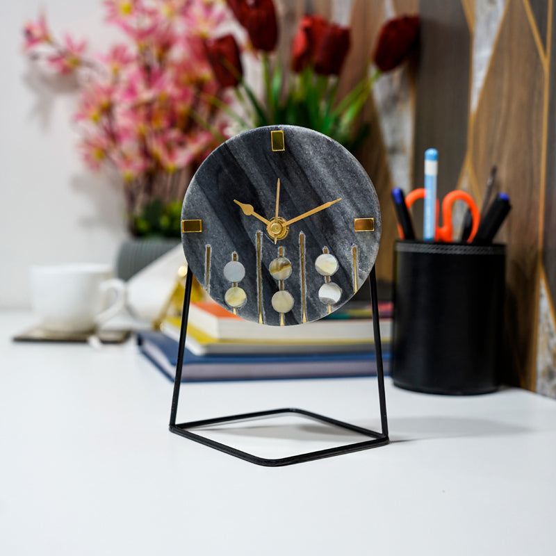Moderna Marble Table Clock With Brass Inlay - Grey, Black