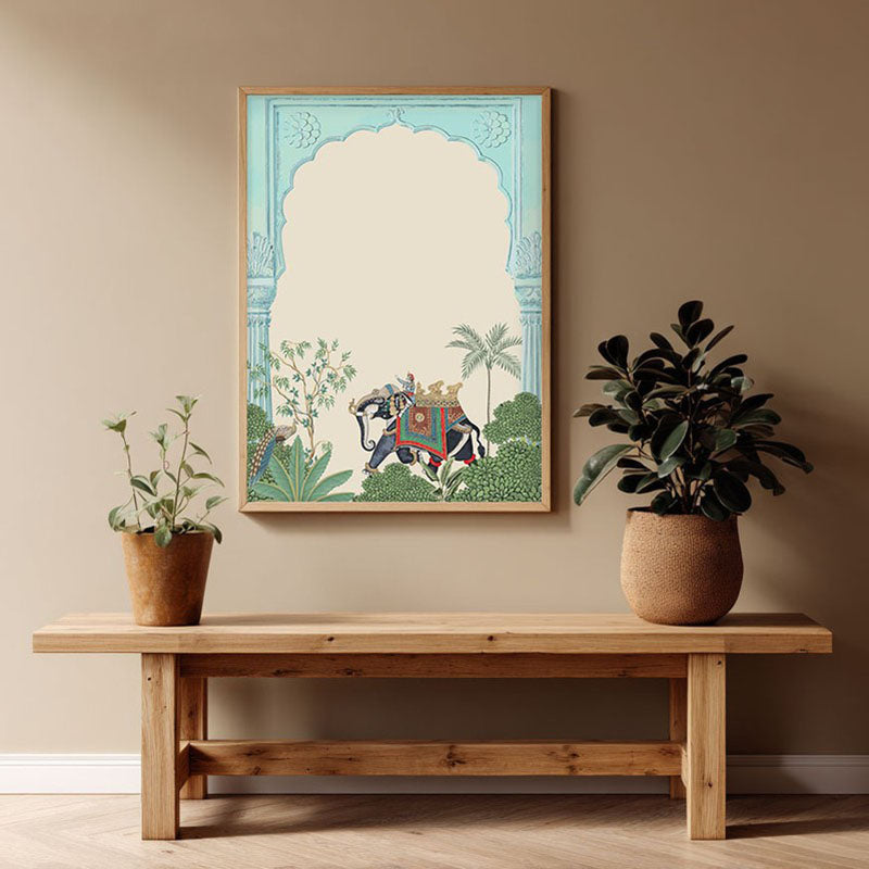 Eka Gaja Framed Jharokha Canvas Archival Canvas Wall Painting - Natural Brown Frame