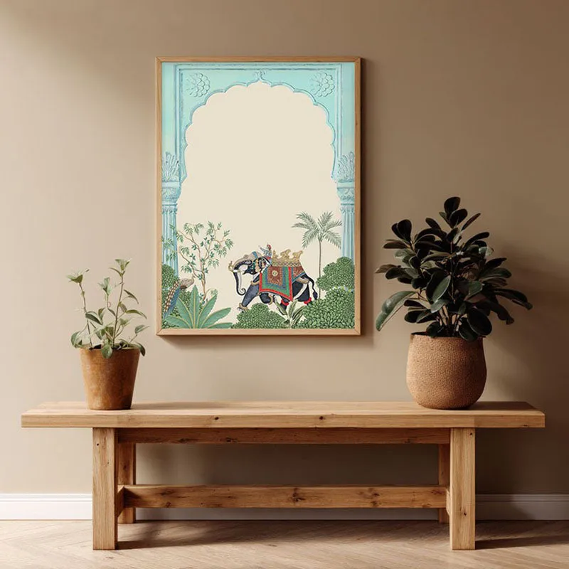 Eka Gaja Framed Jharokha Canvas Archival Canvas Wall Painting - Natural Brown Frame media 1