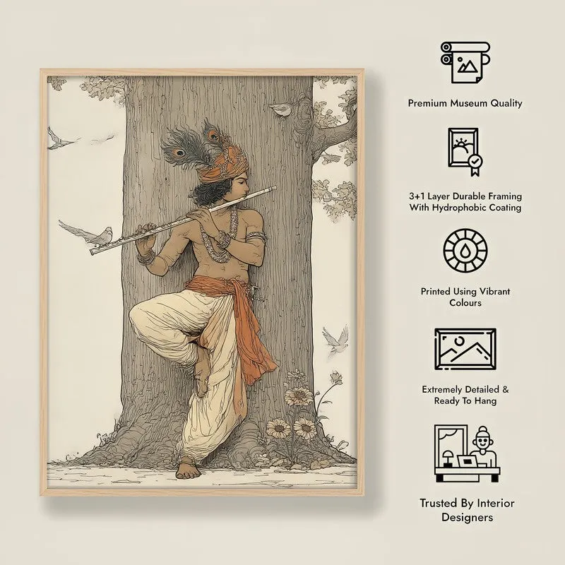 Lord Krishna Playing Fluit Archival Paper Wall Art - Natural Brown Frame media 8