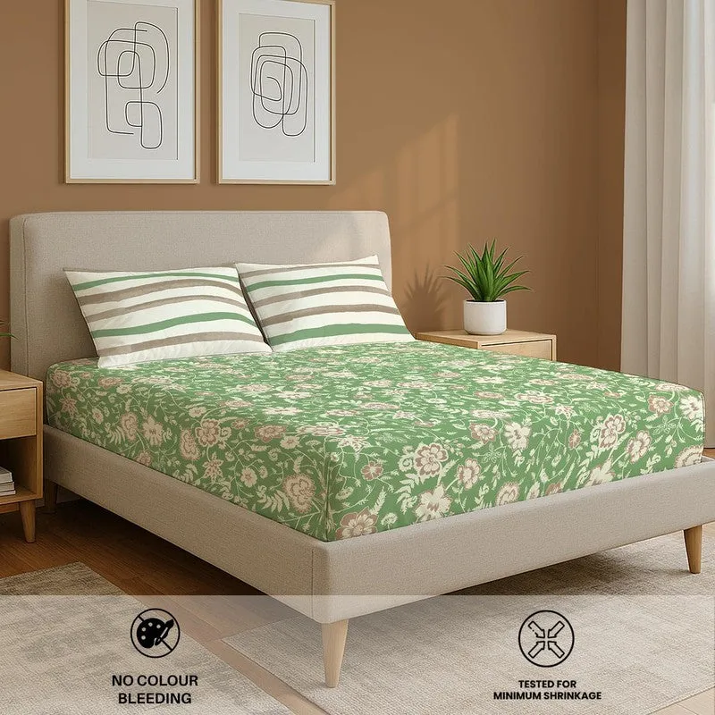 Green floral bedsheet styled on a bed with feature icons overlay