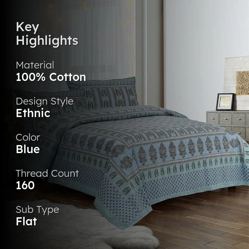 Kineesh Printed Cotton Bedsheet (Blue) -160 TC media 2