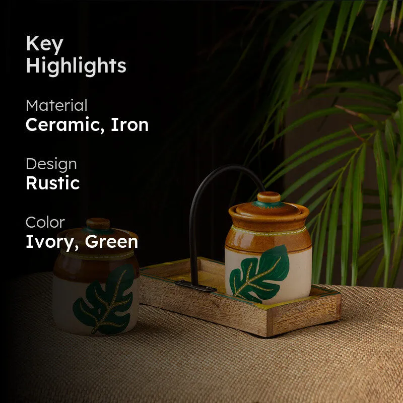 Leafy Shade Handpainted Jar With Tray - Three Piece Set media 2