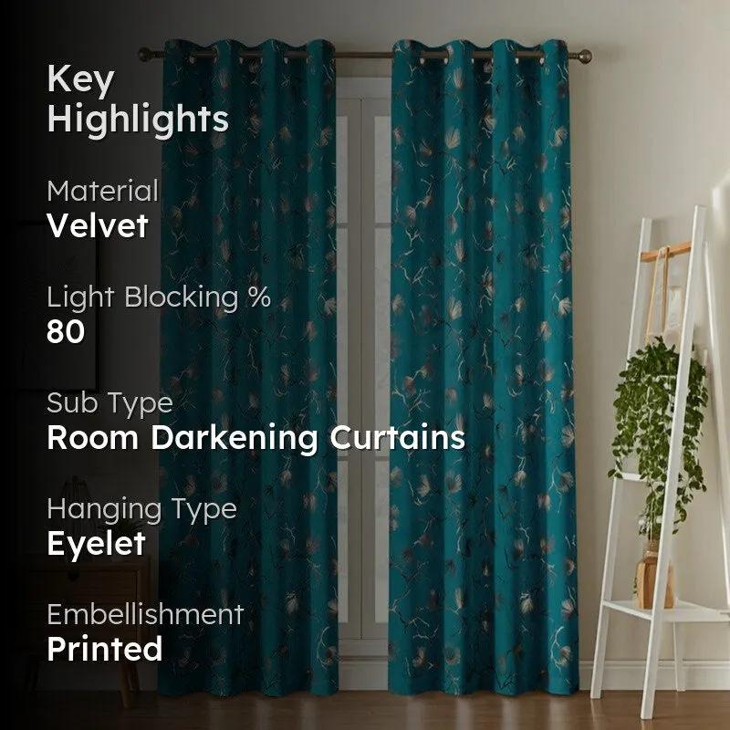 Soft Edge Printed Velvet Curtains (Teal,Gold) - Set Of Two media 2