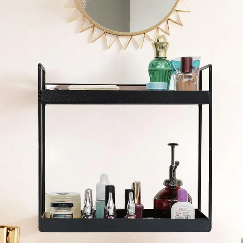 Front view of a black two-tier rectangular rack styled with toiletries
