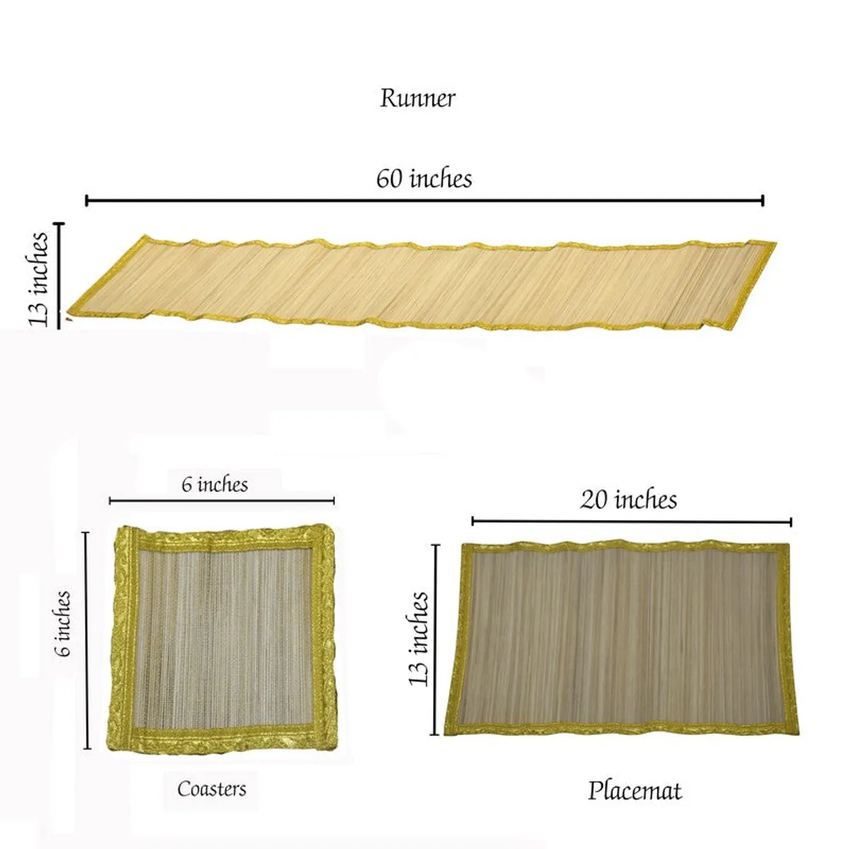 Beige and gold table runner, placemats and coasters with dimensions shown