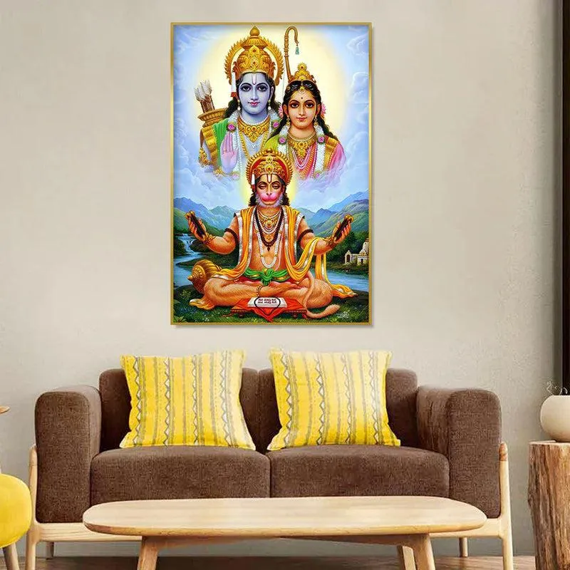 Aanjaneya's Devotion Spiritual Canvas Wall Painting With Frame - Gold media 1