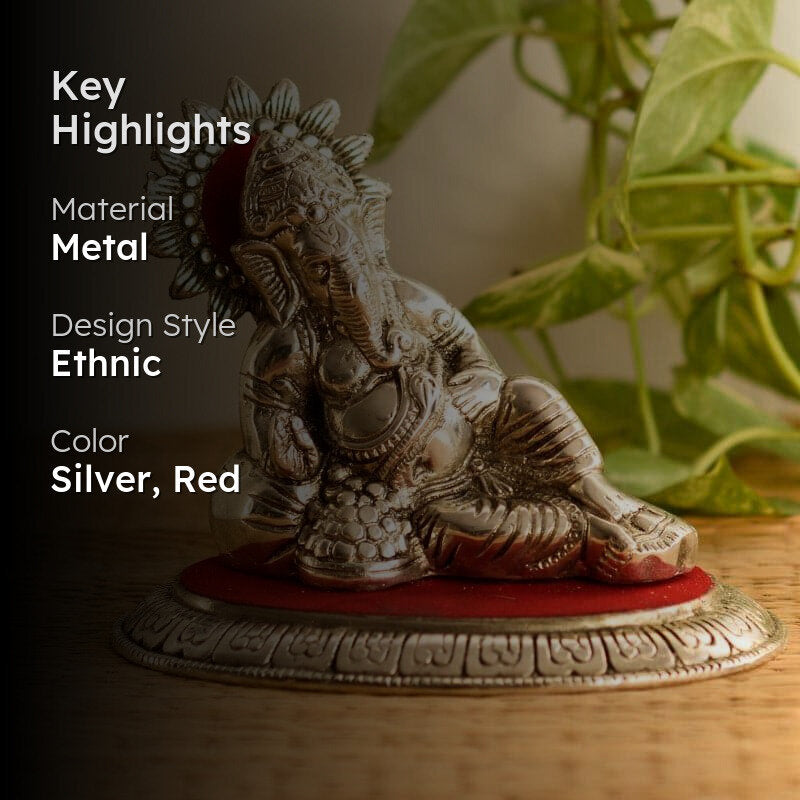 Lord Ganesha Metal Resting Idol - Silver & Red media 2