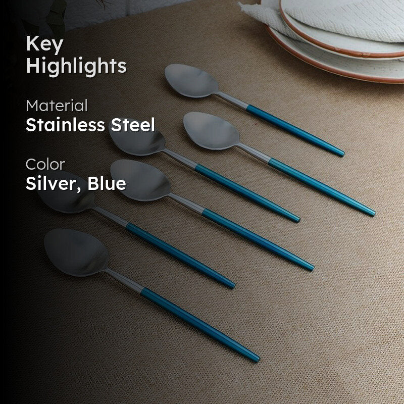 Stirling Stainless Steel Spoon Set (Silver & Blue) - Set Of Six media 2