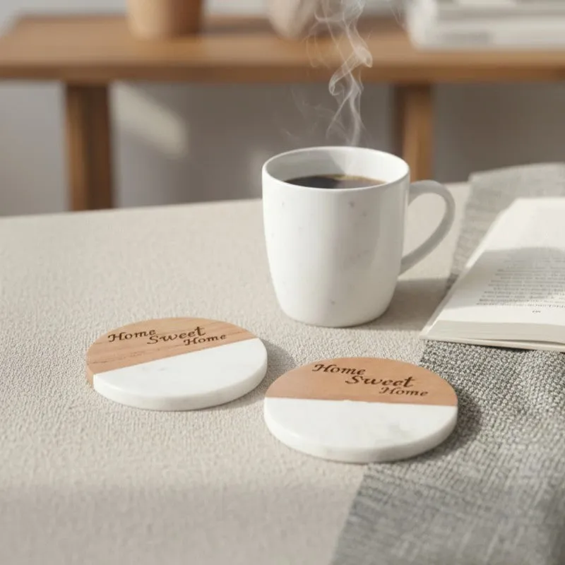 Mocha Round Engraved Marble Coasters - Set Of Two media 5