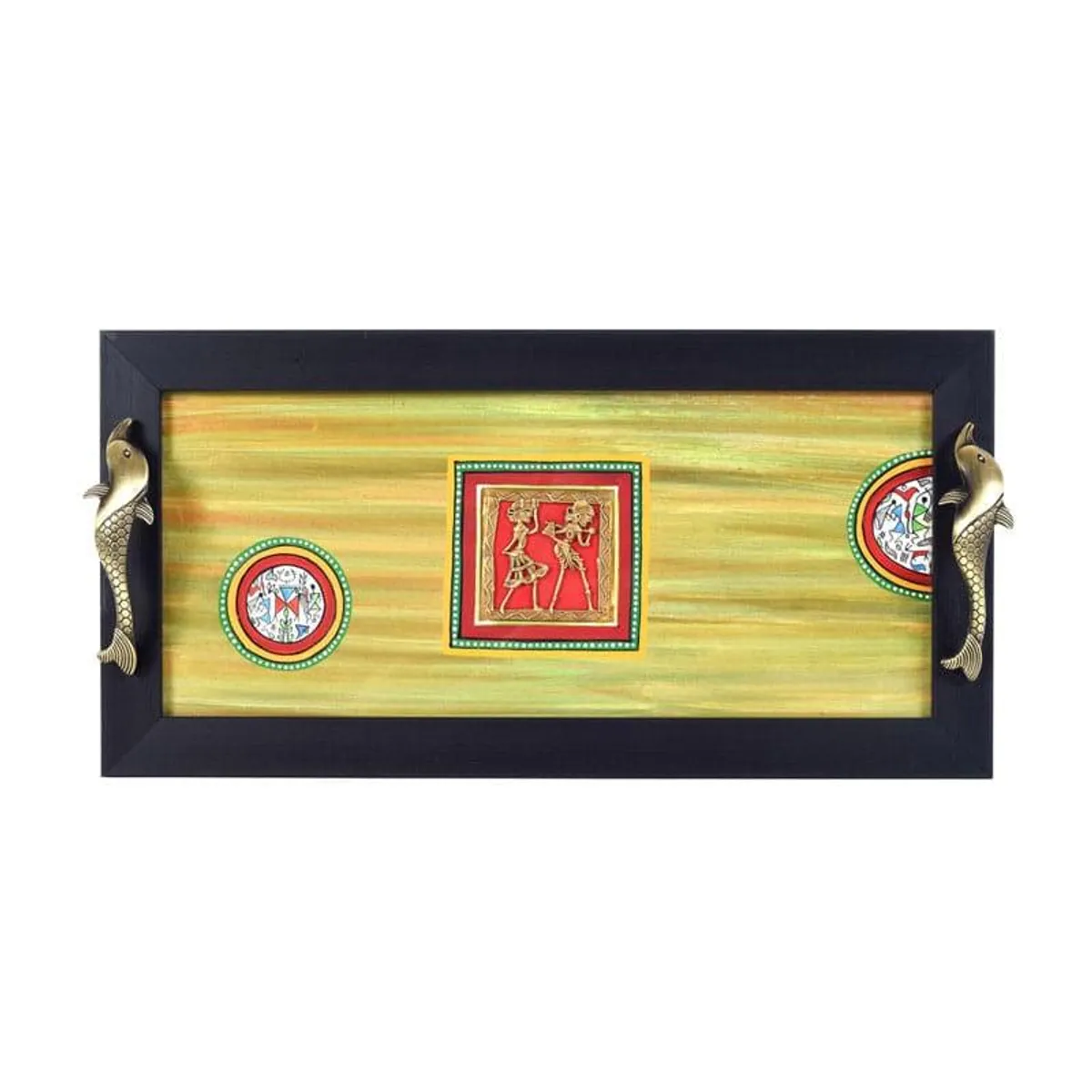 Top view of rectangular Aran tray with black border and colourful central motifs