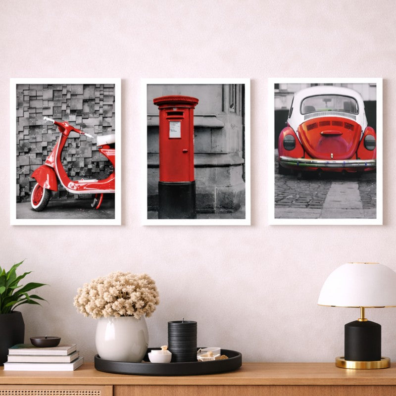 Crimson City Paper Wall Painting With MDF Frame (White) - Set Of Three