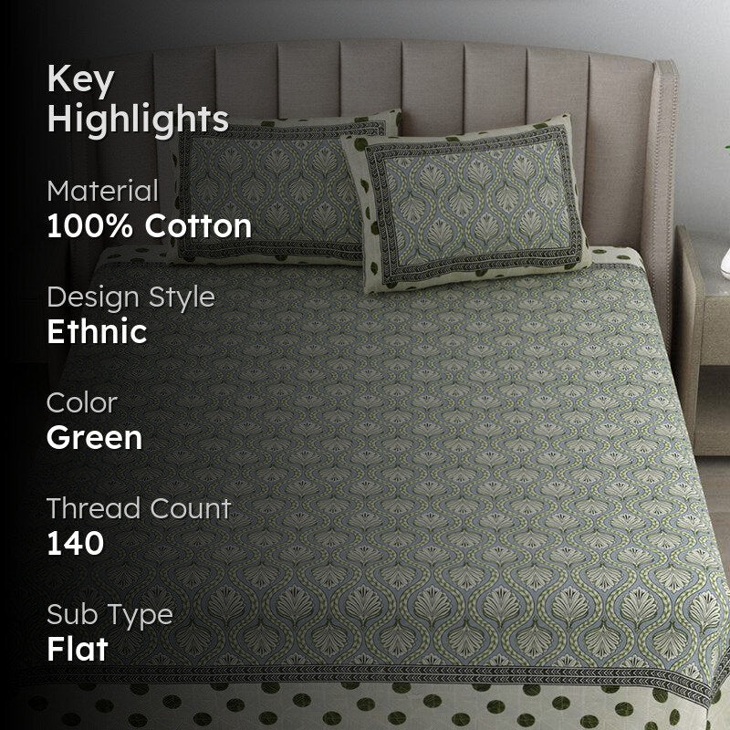 Triveni Treasure Ethnic Cotton  Bedsheet (Green) - 140 TC media 2