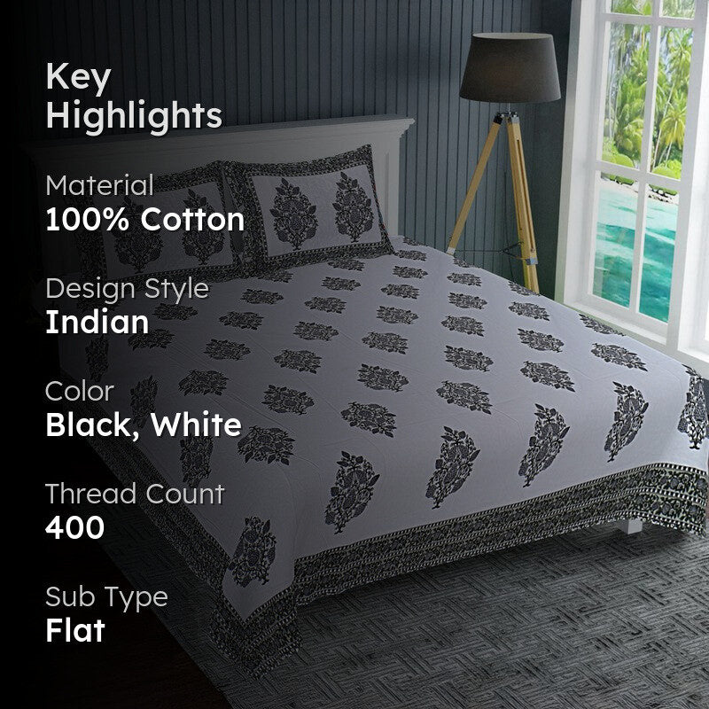 PetalRiwaaz Handblock Printed Cotton Bedsheet (Black) - 400 TC media 2