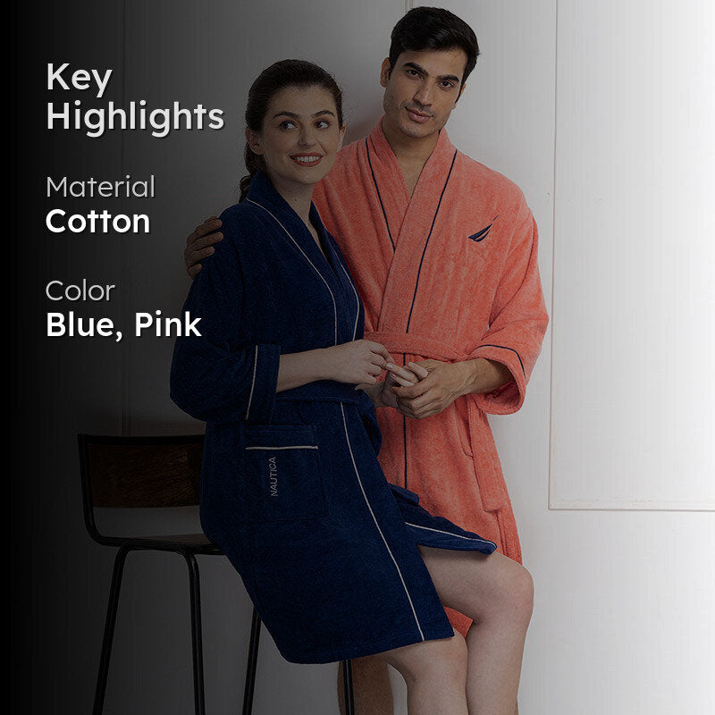 Nautica His & Hers Cashmere Dreams Cotton Bath Robe (Navy Blue & Coral) - Set Of Two media 2