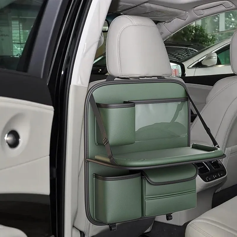 Sleek Seat Leather Car Seat Organizer With Foldable Tray - Green media 1