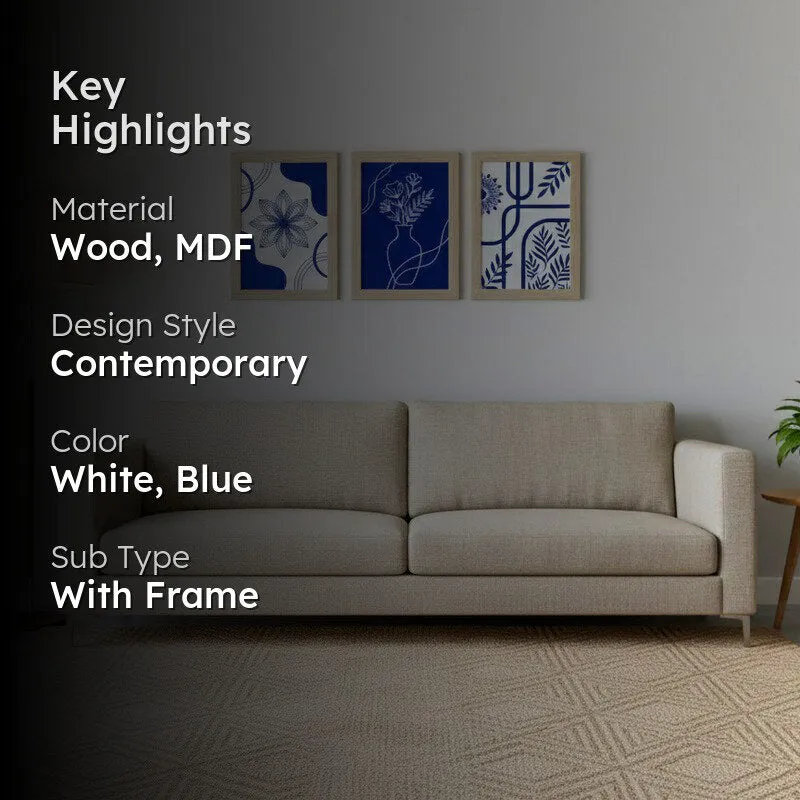 Chic Blue Palette Botanical Wall Painting With Frame - Set Of Three media 2
