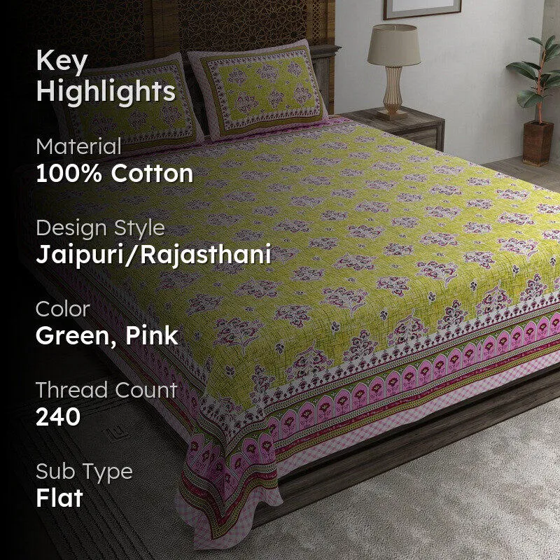Royalon Cotton Bedsheet (Green,Pink) - 240 TC media 2