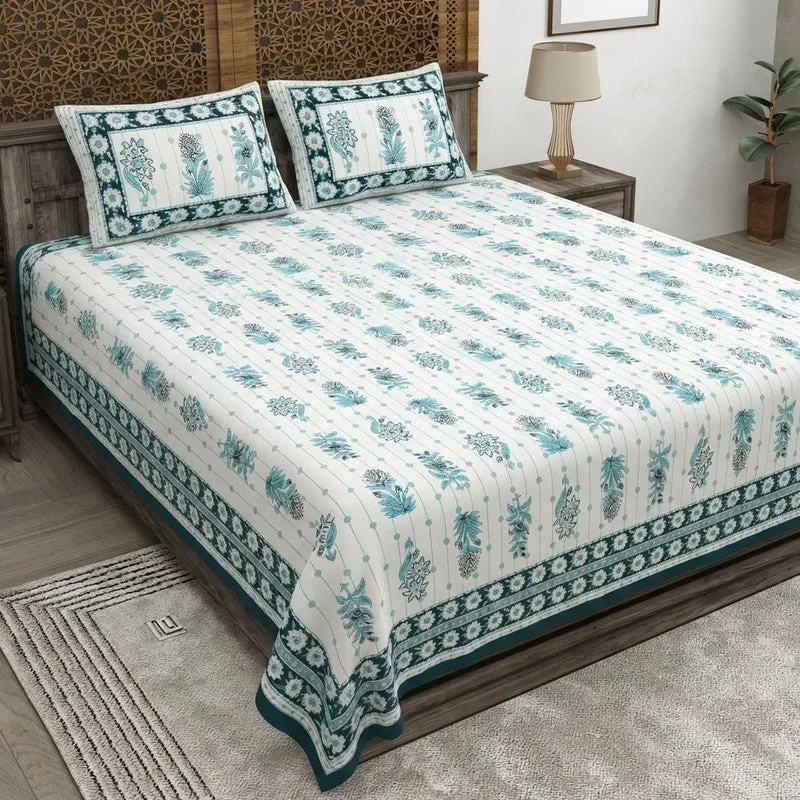 Heritagea Cotton Bedsheet (White,Teal) - 240 TC media 1