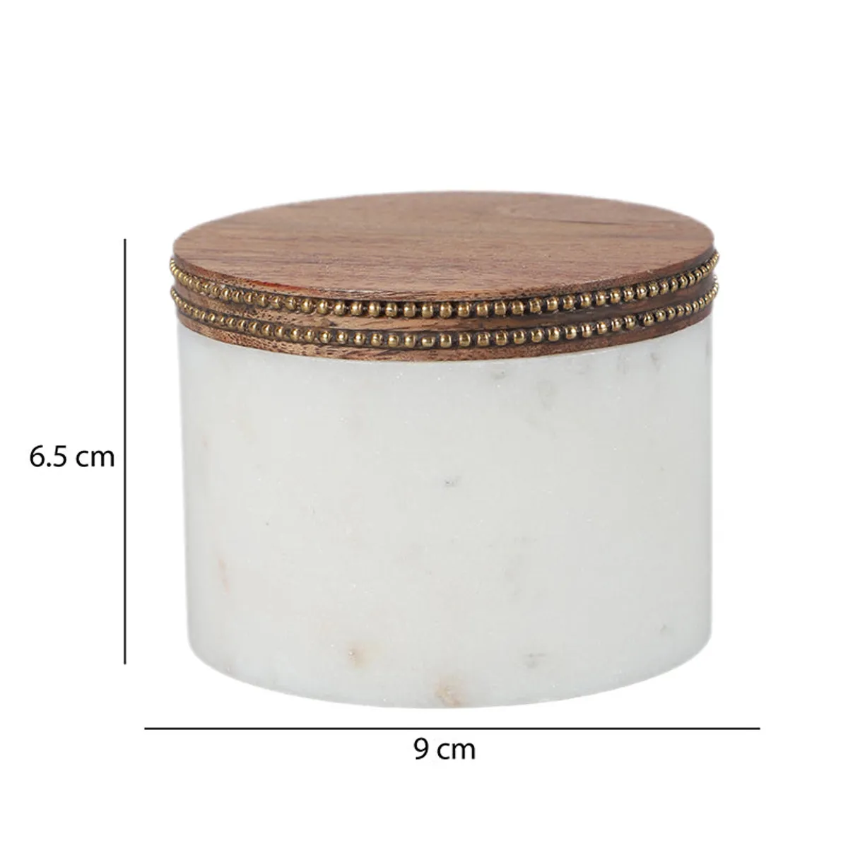 White marble storage jar with wooden lid shown with dimensions