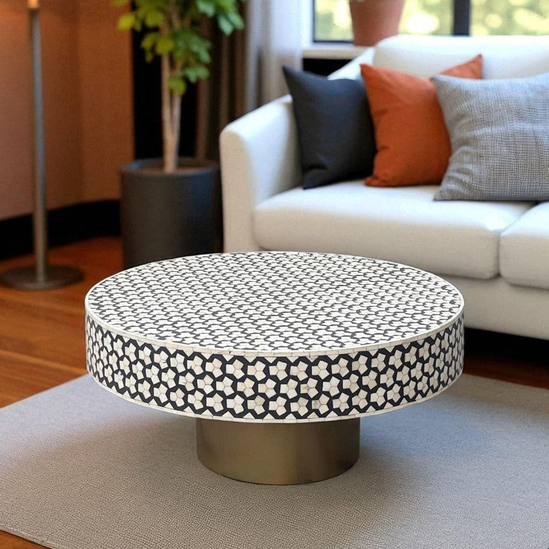 Rune Bone Inlay Round Center Table - Black,White
