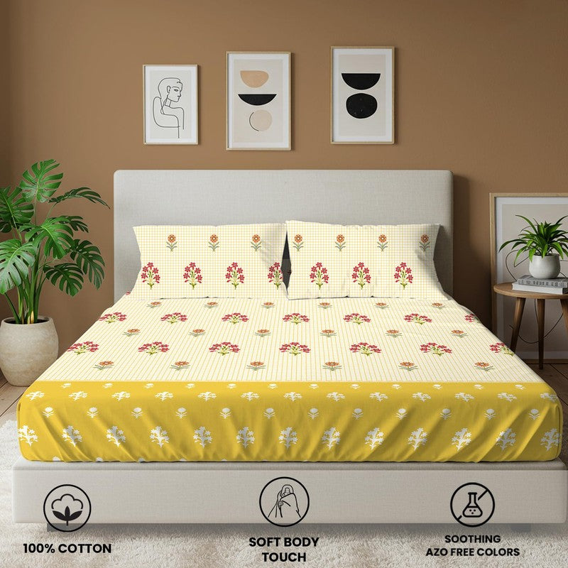 Sunshine Blossoms Floral Cotton Bedsheets (Yellow) - 144 TC media 4