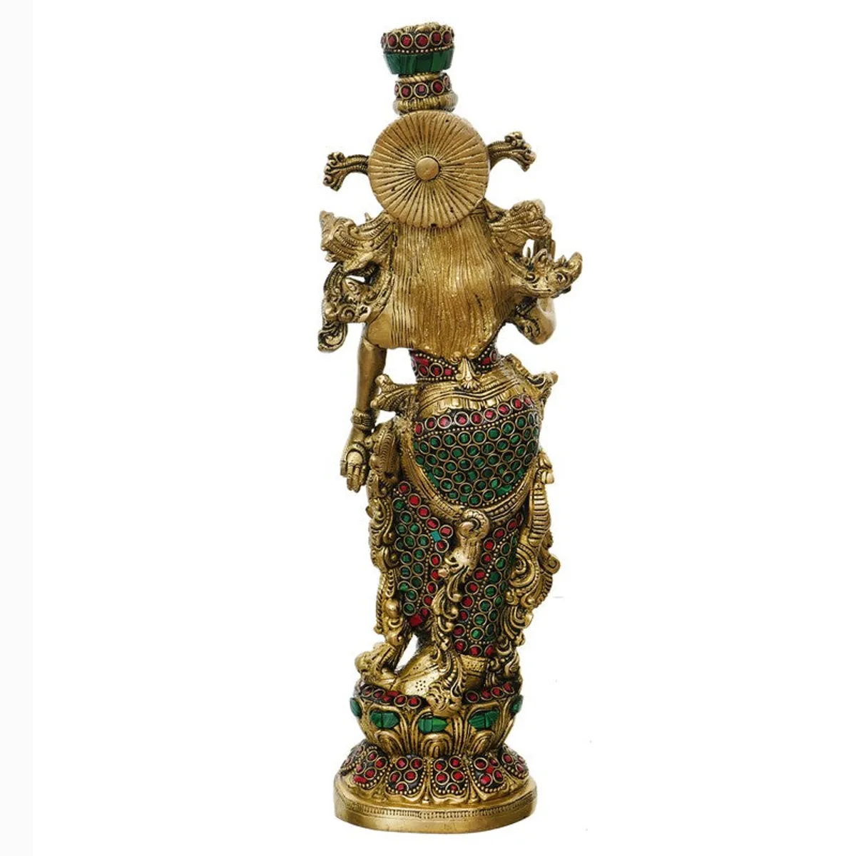 Back view of a brass deity idol with detailed sculpted design