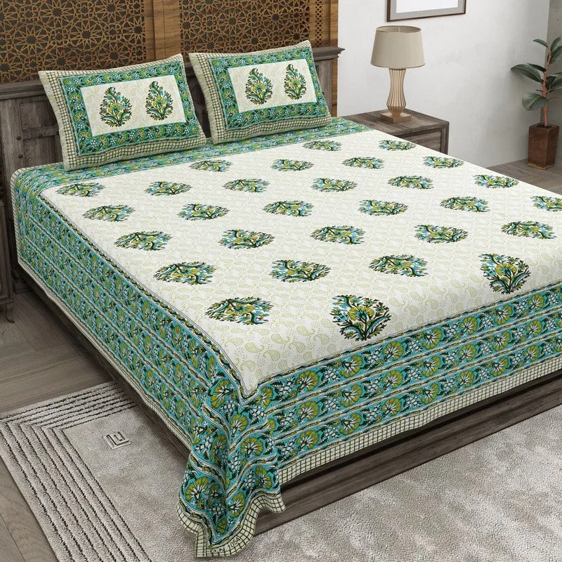 Vineel Cotton Bedsheet (Green,Off White) - 240 TC media 1