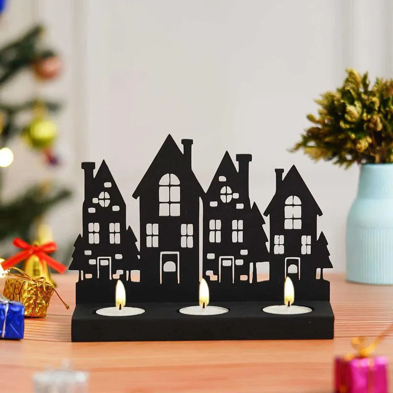 Holiday Village Wood Christmas Tea Light holder - Black media 3