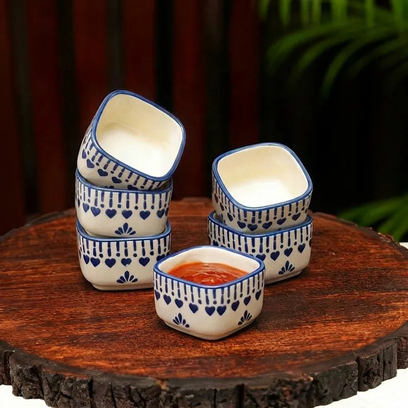 MonoServe Ceramic Dip Bowls (Blue,White ,40 mL Each) - Set Of Six media 1
