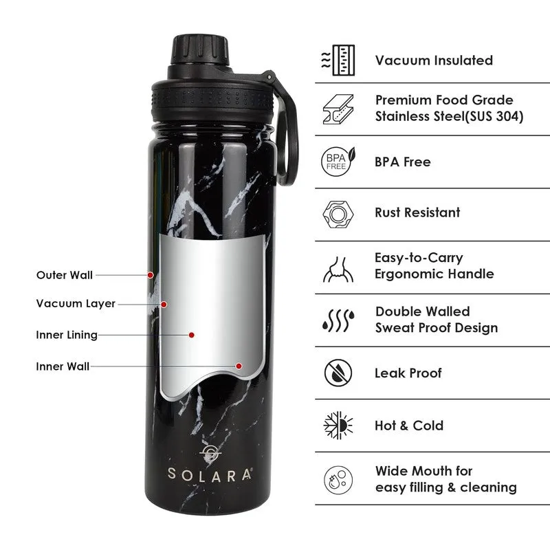Black marble-look bottle showing its insulated double-wall construction
