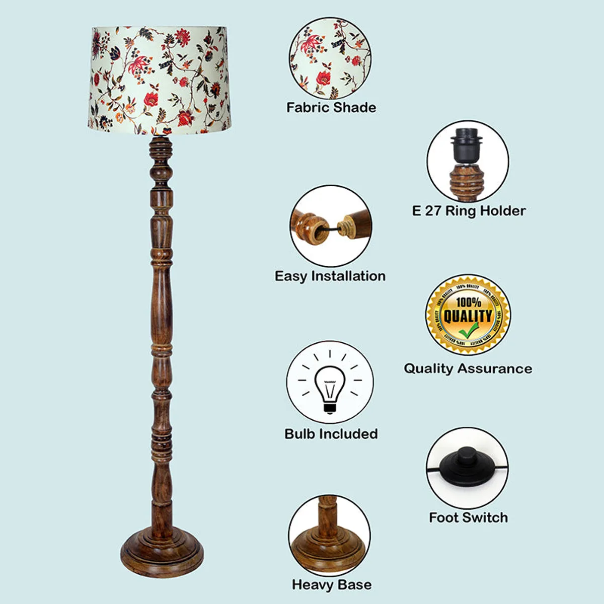 Wooden floor lamp with floral shade and feature callouts