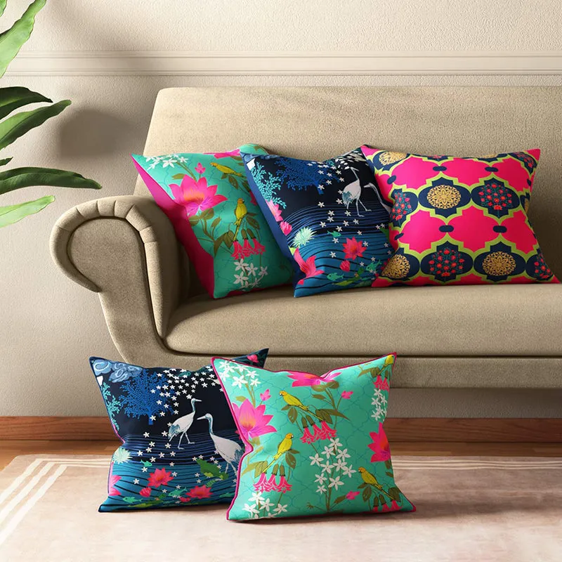 India Circus Sakura Stork Printed Satin Cushion Cover - Set Of Five media 1