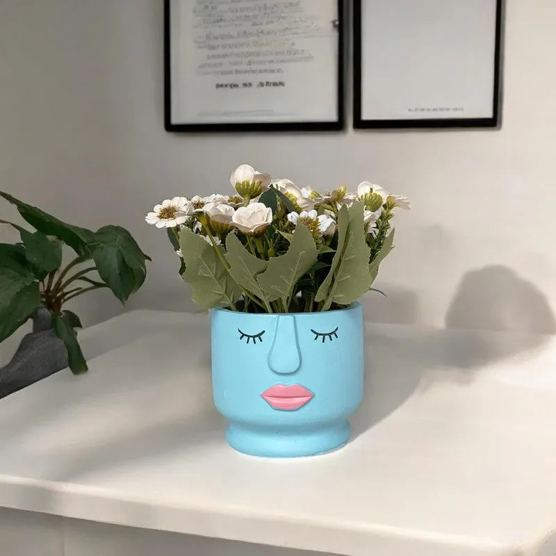 Faux Aster Artificial Flower With Pot - White & blue media 3