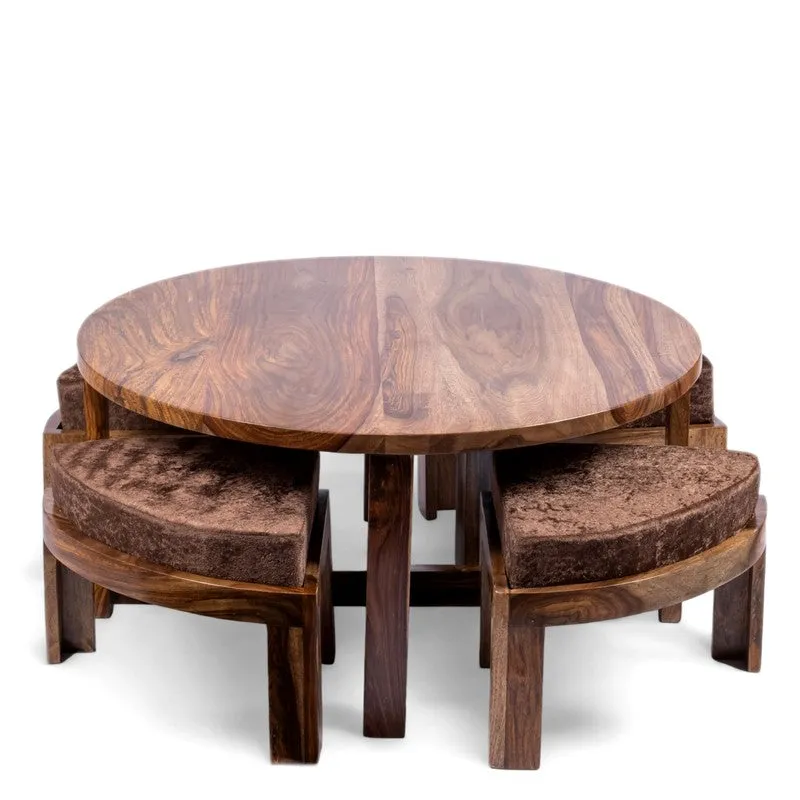 Iveron Sheesham Wooden Center Table with Stools and Cushions (Brown) - Nine Piece Set media 4