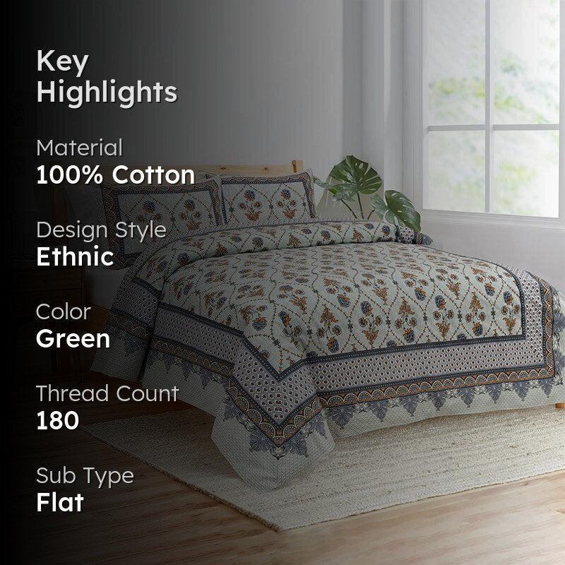 Harta Floral Cotton Bedsheet (Green) - 180 TC media 2