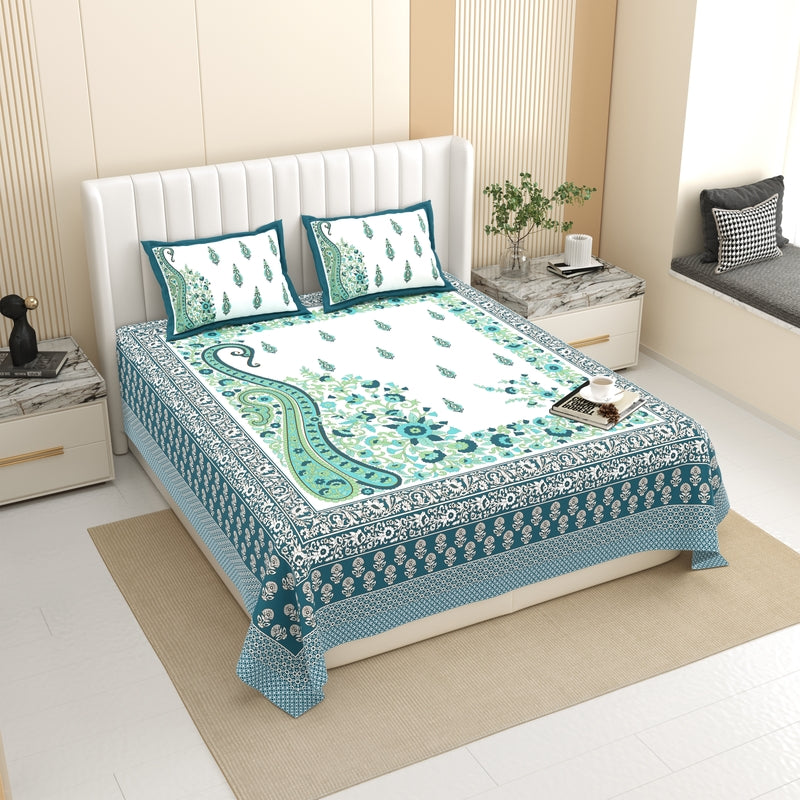 Blossom Haven Cotton Bedsheet (Blue) - 120 TC - King