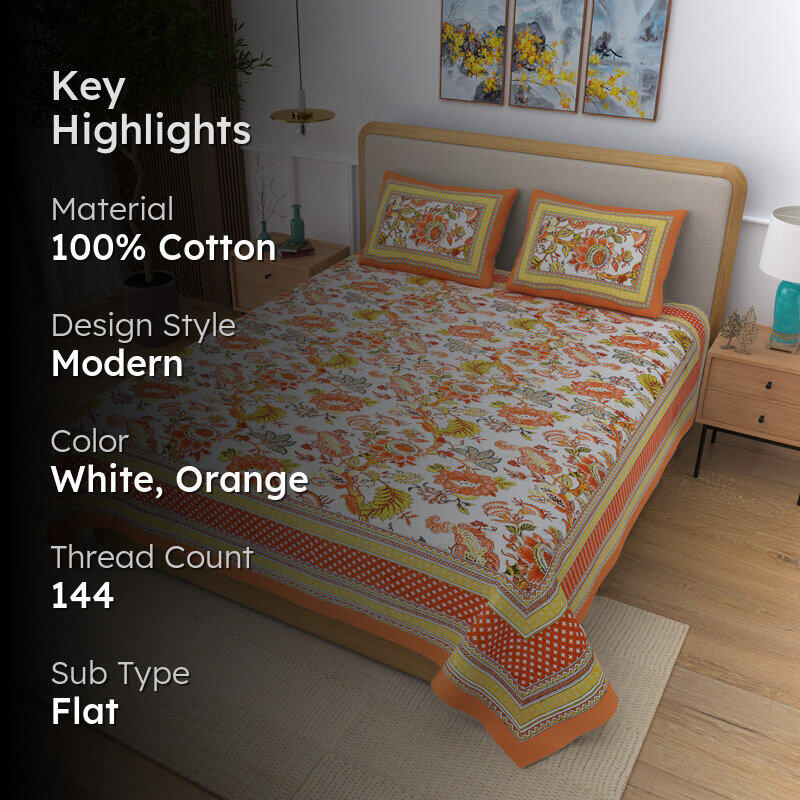 Gulab-E-Gulzaar Cotton Bedsheet (Orange) - 144 TC media 2