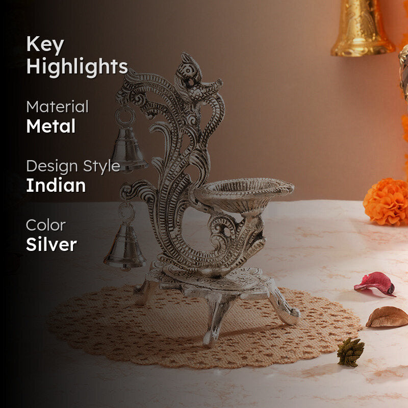 Chandrika Metal Diya with Bells - Silver Finish media 2