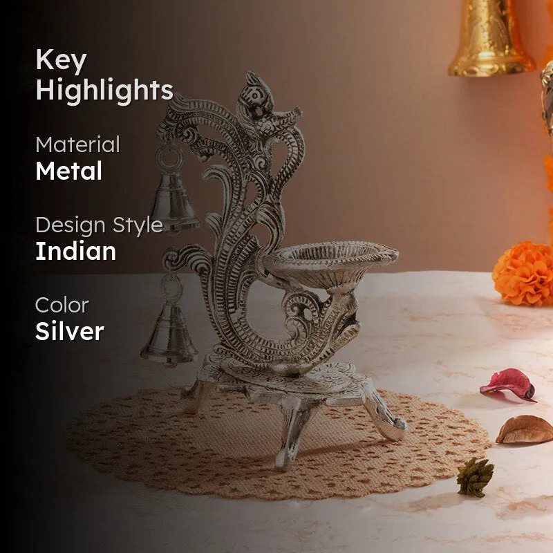 Chandrika Metal Diya with Bells - Silver Finish media 2