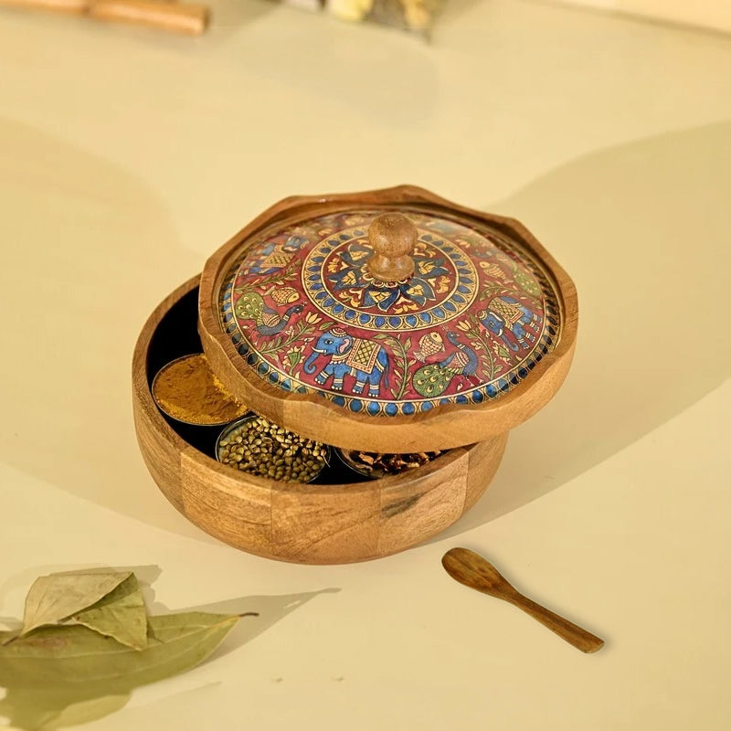 Mithila Wooden Masala Box with 7 Containers - Nine Piece Set