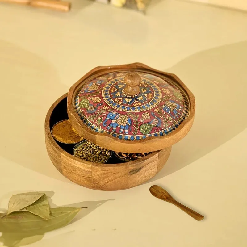 Mithila Wooden Masala Box with 7 Containers - Nine Piece Set media 1