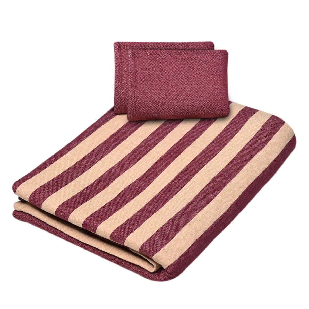 Folded maroon and beige striped bedsheet with two pillow covers